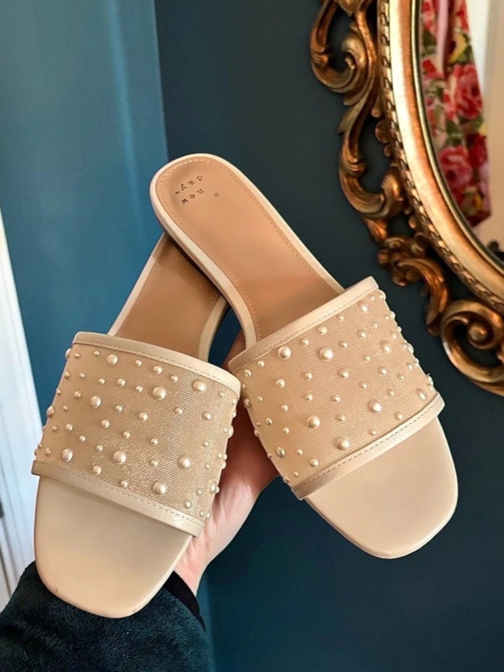 A New Day Pearl Embellished Slide Sandals in Beige
